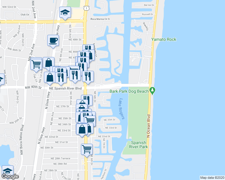 map of restaurants, bars, coffee shops, grocery stores, and more near 751 Northeast 40th Road in Boca Raton