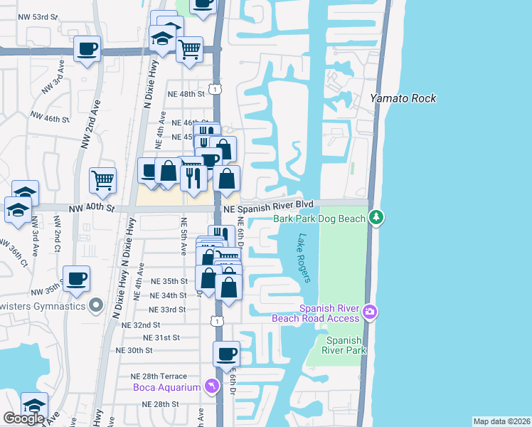 map of restaurants, bars, coffee shops, grocery stores, and more near 751 Northeast 40th Road in Boca Raton