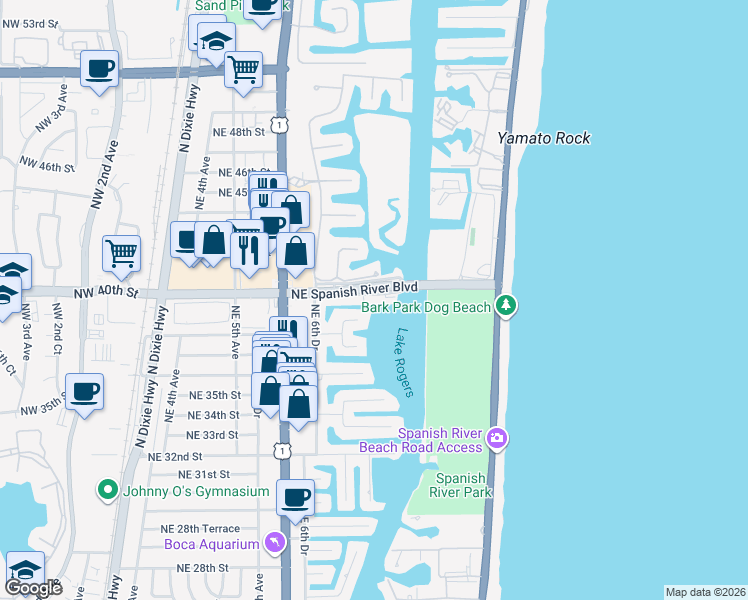 map of restaurants, bars, coffee shops, grocery stores, and more near 850 Northeast Spanish River Boulevard in Boca Raton