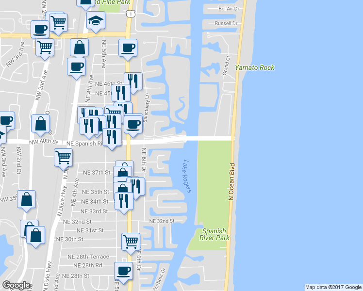 map of restaurants, bars, coffee shops, grocery stores, and more near 900 Northeast Spanish River Boulevard in Boca Raton