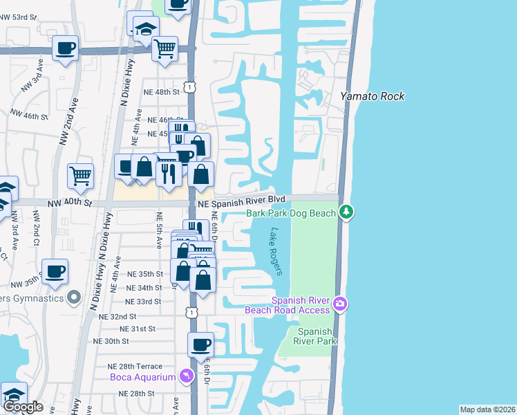 map of restaurants, bars, coffee shops, grocery stores, and more near 751 Northeast 40th Road in Boca Raton