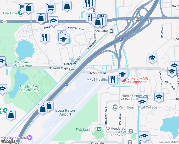map of restaurants, bars, coffee shops, grocery stores, and more near 901 Northwest 40th Street in Boca Raton