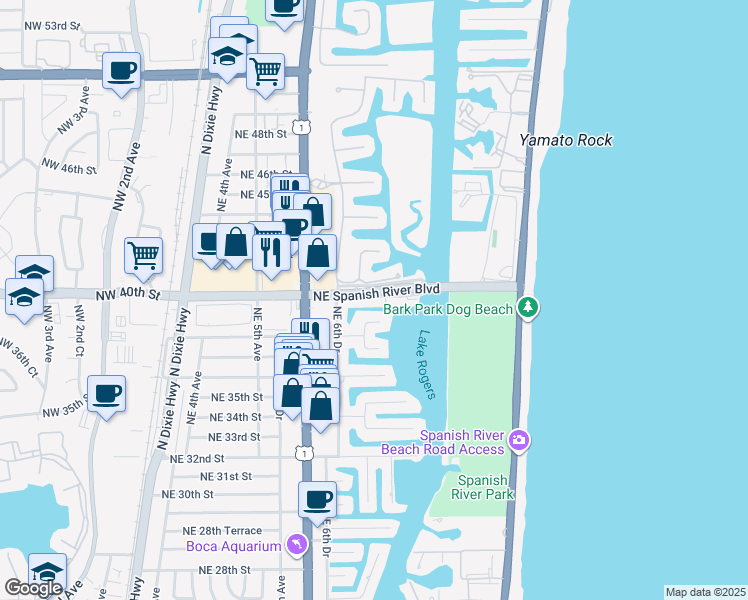 map of restaurants, bars, coffee shops, grocery stores, and more near 750 Northeast Spanish River Boulevard in Boca Raton