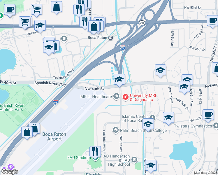 map of restaurants, bars, coffee shops, grocery stores, and more near 850 Spanish River Boulevard in Boca Raton