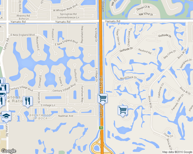 map of restaurants, bars, coffee shops, grocery stores, and more near East Village Drive in Boca Raton