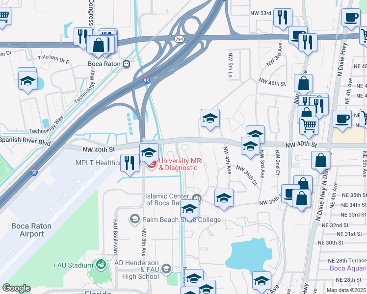 map of restaurants, bars, coffee shops, grocery stores, and more near 526 North West 39th Circle in Boca Raton