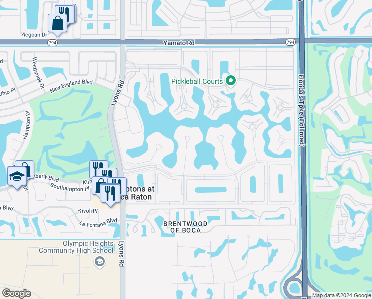 map of restaurants, bars, coffee shops, grocery stores, and more near 4076 Cornwall East in Boca Raton