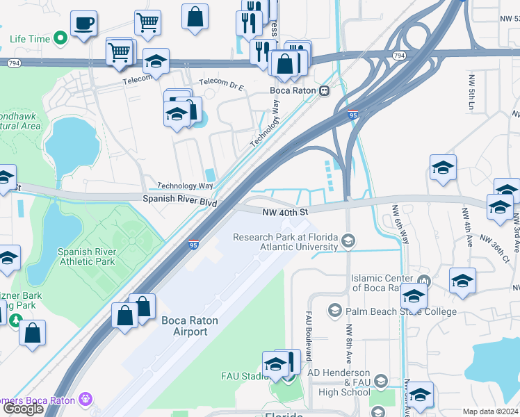 map of restaurants, bars, coffee shops, grocery stores, and more near 901 Northwest 40th Street in Boca Raton