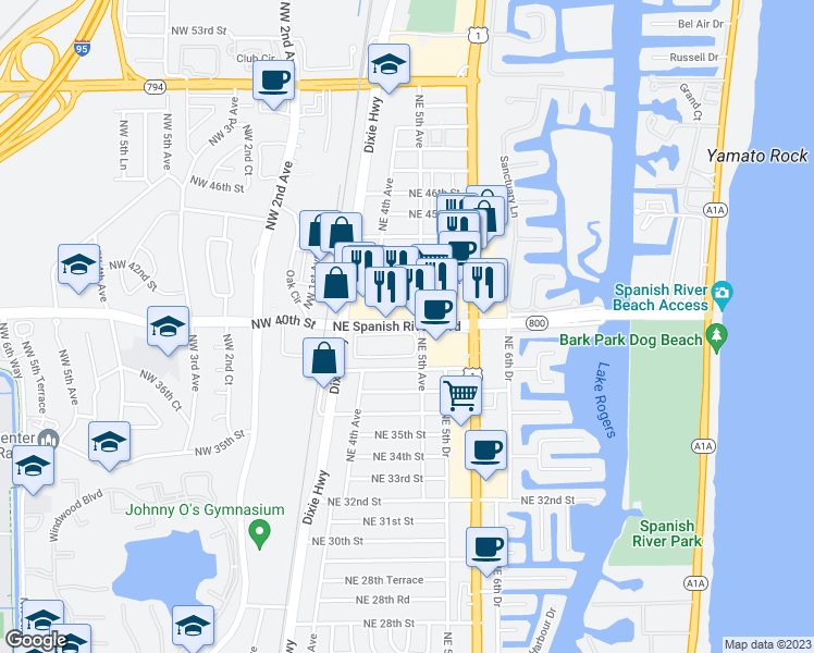 map of restaurants, bars, coffee shops, grocery stores, and more near 410 Northeast Spanish River Boulevard in Boca Raton