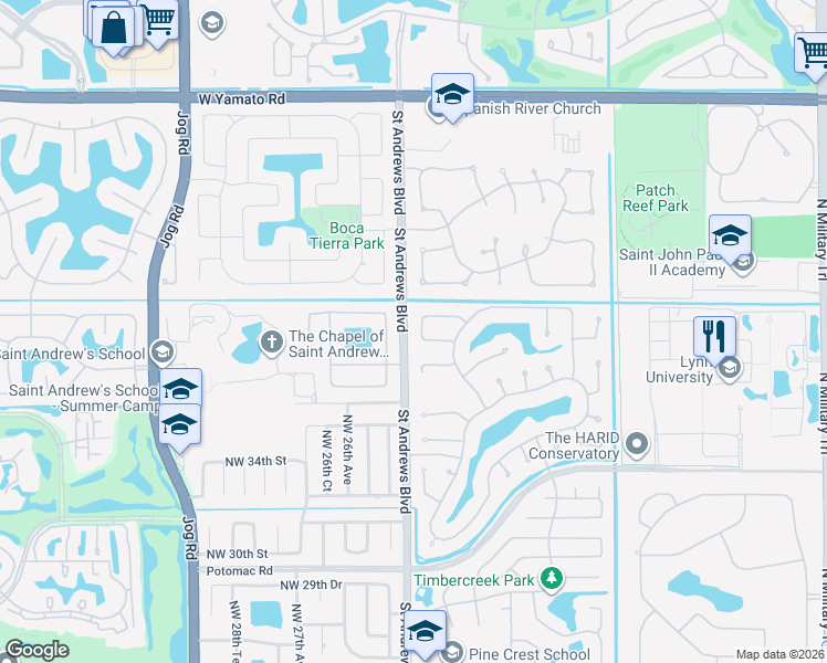 map of restaurants, bars, coffee shops, grocery stores, and more near 2417 Northwest 40th Circle in Boca Raton