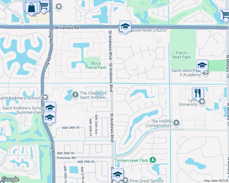 map of restaurants, bars, coffee shops, grocery stores, and more near 2417 Northwest 40th Circle in Boca Raton
