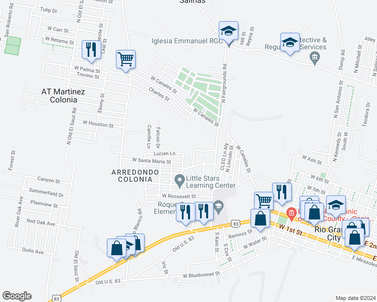 map of restaurants, bars, coffee shops, grocery stores, and more near 212 Frank Doyno Street in Rio Grande City