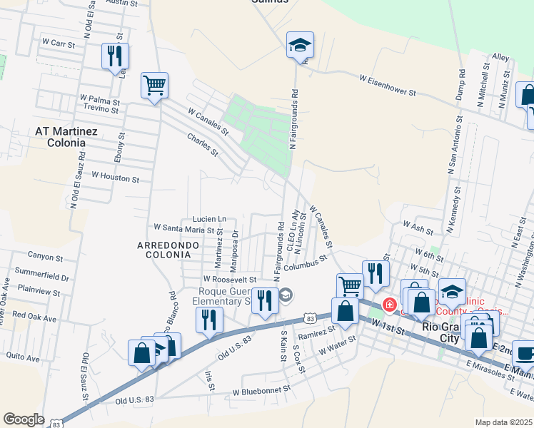map of restaurants, bars, coffee shops, grocery stores, and more near 600 North Fairgrounds Road in Rio Grande City