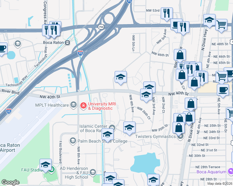 map of restaurants, bars, coffee shops, grocery stores, and more near 3998 Northwest 5th Avenue in Boca Raton