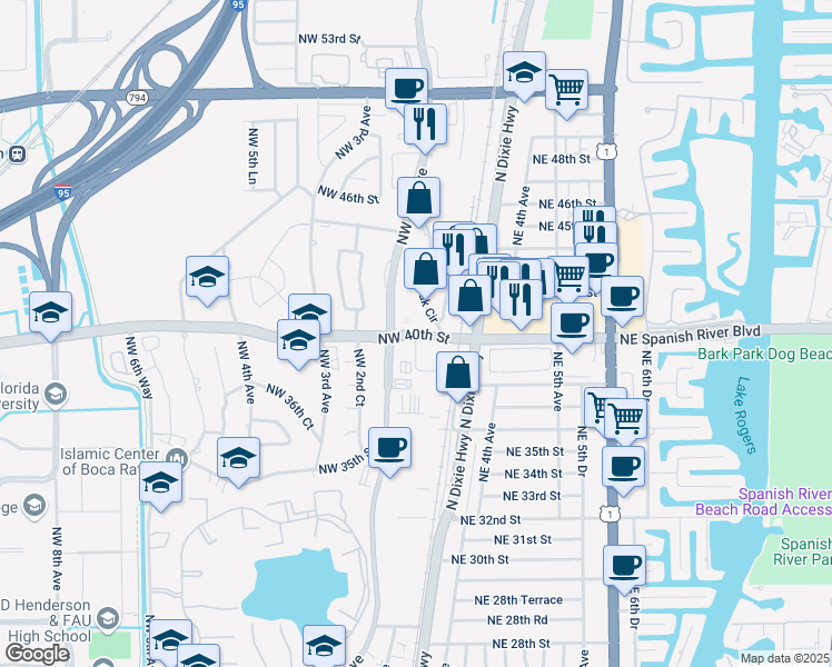 map of restaurants, bars, coffee shops, grocery stores, and more near 3000 Ayre Lane in Boca Raton