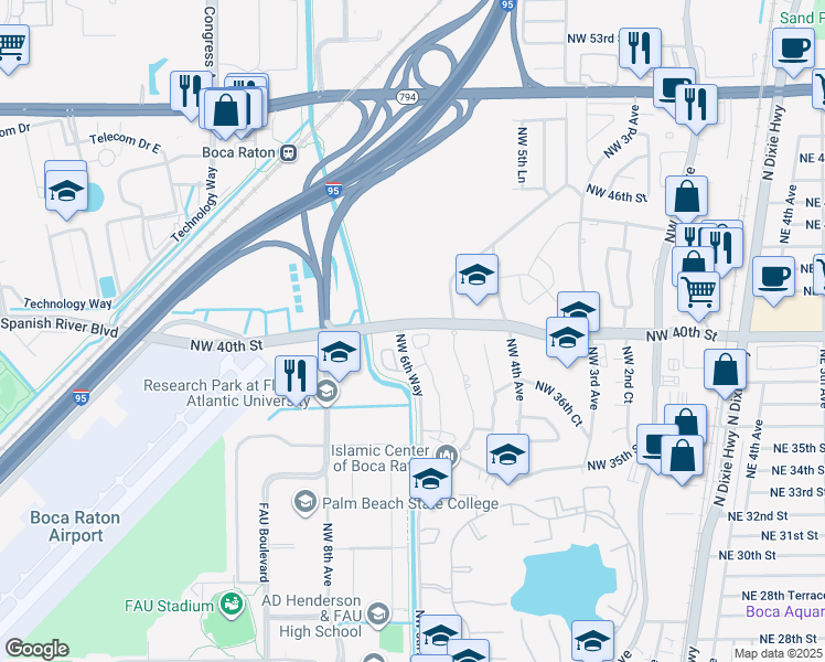 map of restaurants, bars, coffee shops, grocery stores, and more near 542 North West 39th Circle in Boca Raton
