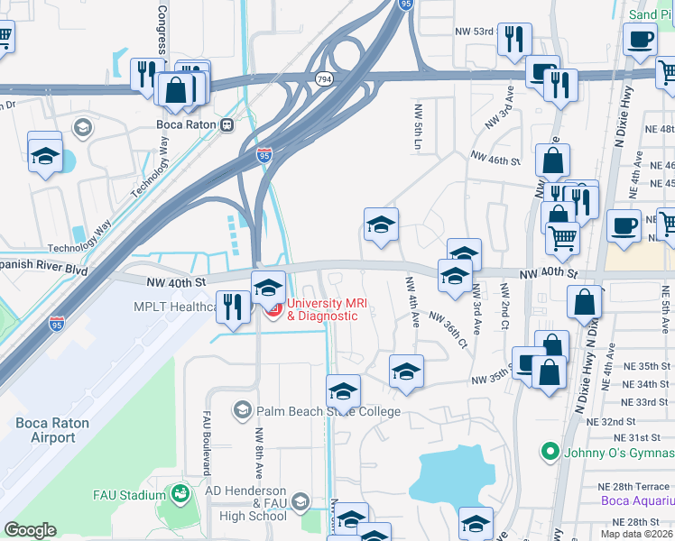 map of restaurants, bars, coffee shops, grocery stores, and more near 530 North West 39th Circle in Boca Raton
