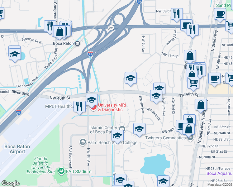 map of restaurants, bars, coffee shops, grocery stores, and more near 526 North West 39th Circle in Boca Raton