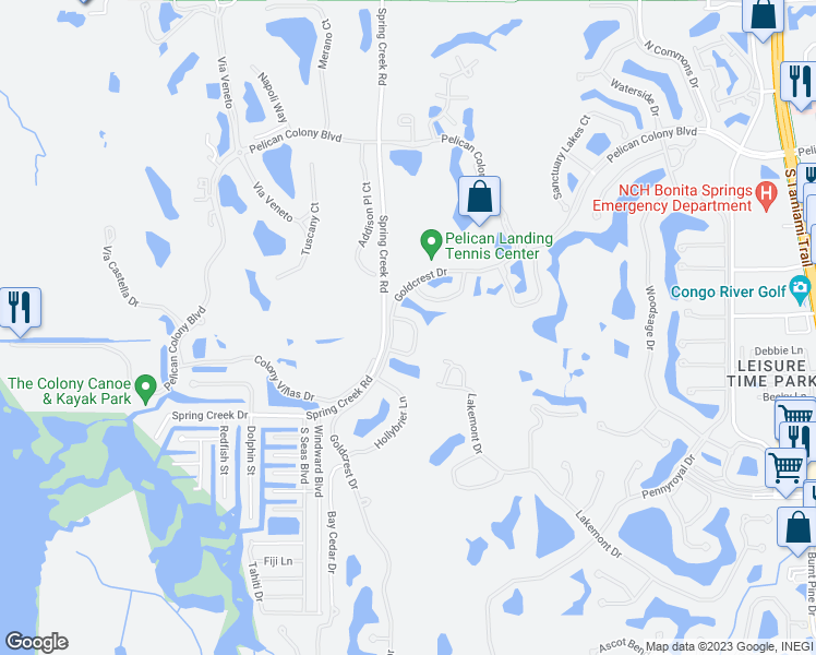 map of restaurants, bars, coffee shops, grocery stores, and more near 24660 Canary Island Court in Bonita Springs