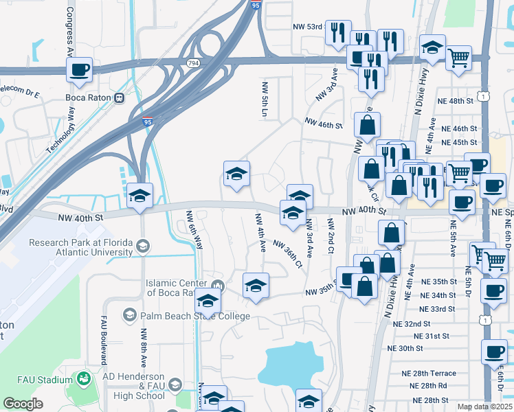map of restaurants, bars, coffee shops, grocery stores, and more near NW 4th Ave & Spanish River Blvd in Boca Raton