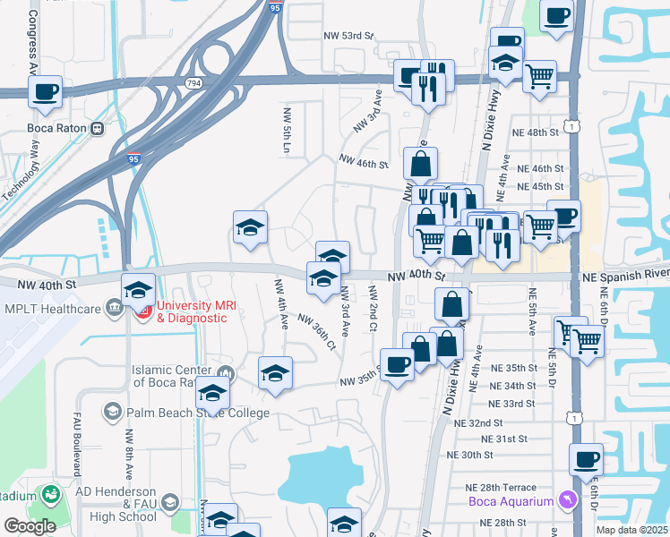 map of restaurants, bars, coffee shops, grocery stores, and more near 4001 Northwest 3rd Avenue in Boca Raton