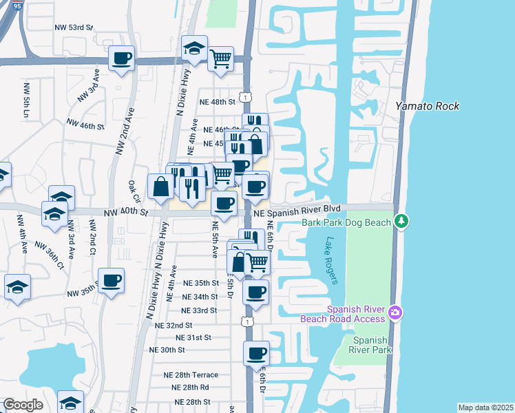 map of restaurants, bars, coffee shops, grocery stores, and more near 625 Northeast Spanish River Boulevard in Boca Raton