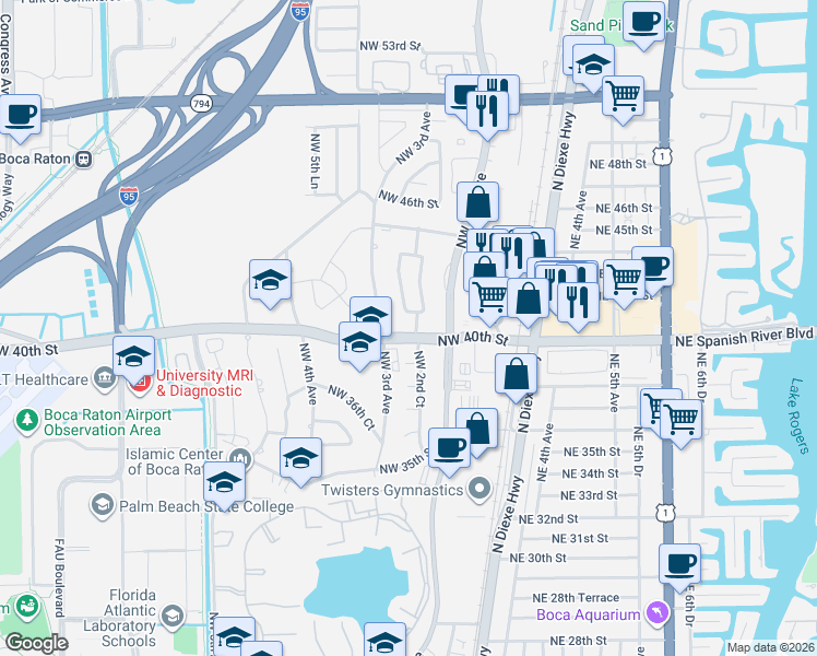 map of restaurants, bars, coffee shops, grocery stores, and more near 257 Spanish River Boulevard in Boca Raton
