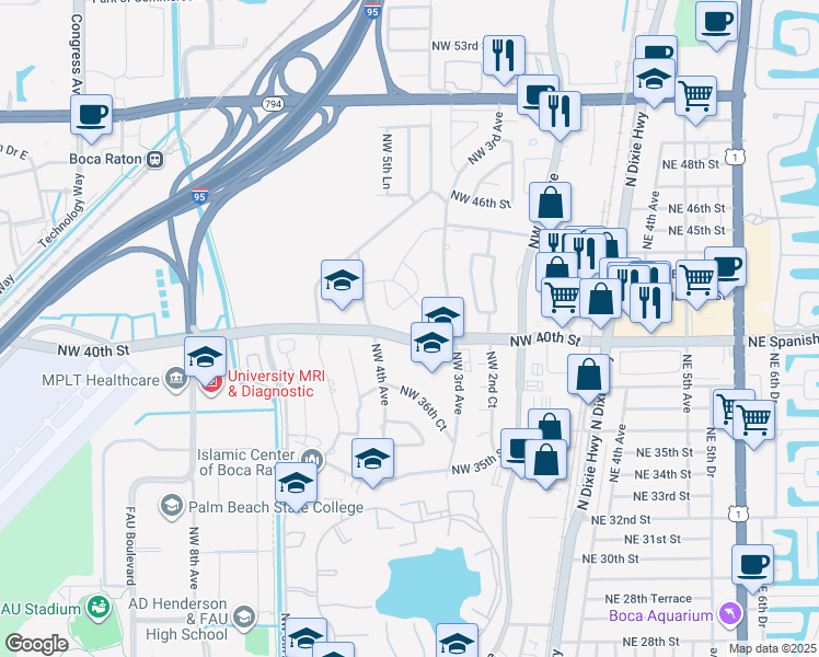 map of restaurants, bars, coffee shops, grocery stores, and more near 325 Spanish River Boulevard in Boca Raton