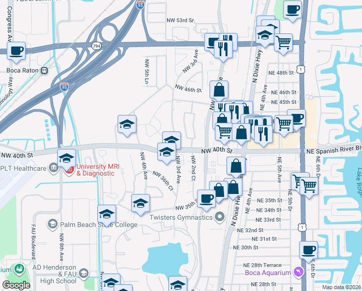 map of restaurants, bars, coffee shops, grocery stores, and more near 4001 Northwest 3rd Avenue in Boca Raton