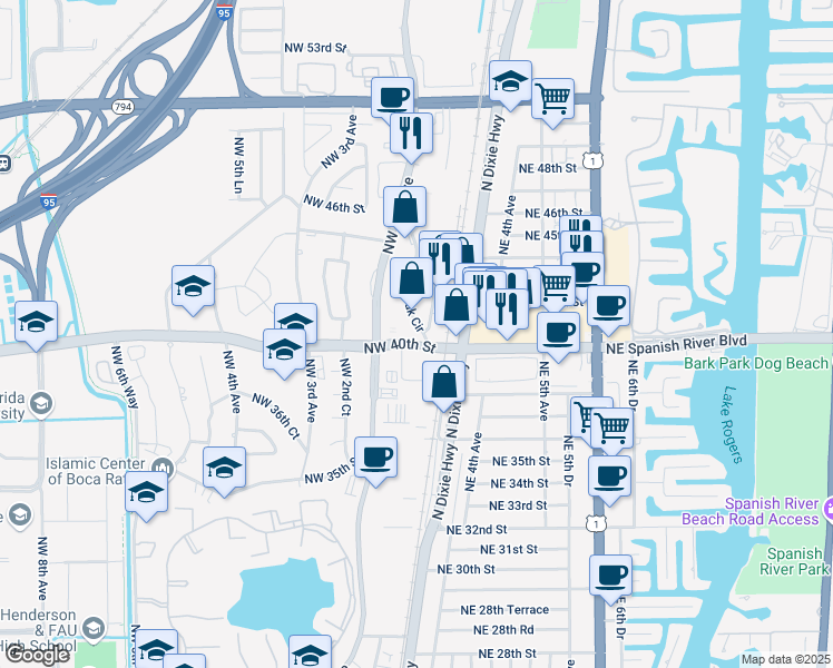 map of restaurants, bars, coffee shops, grocery stores, and more near 125 Spanish River Boulevard in Boca Raton