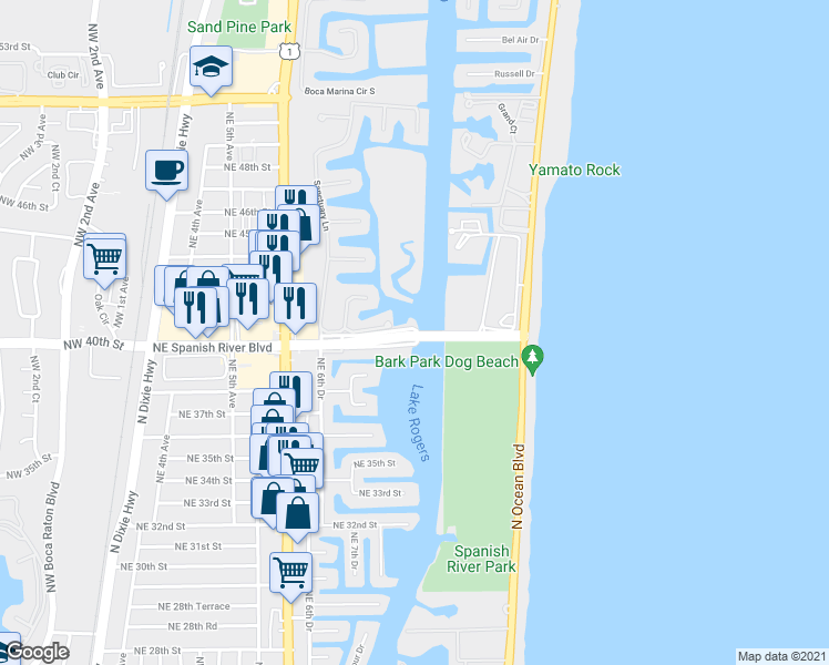 map of restaurants, bars, coffee shops, grocery stores, and more near 1971 Northeast Spanish River Boulevard in Boca Raton