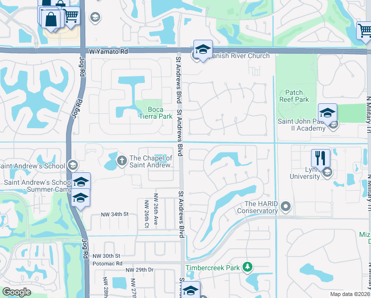 map of restaurants, bars, coffee shops, grocery stores, and more near 2417 Northwest 40th Circle in Boca Raton