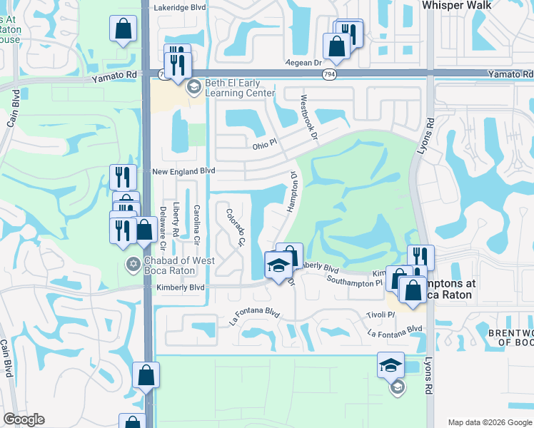 map of restaurants, bars, coffee shops, grocery stores, and more near 9582 Newport Road in Boca Raton