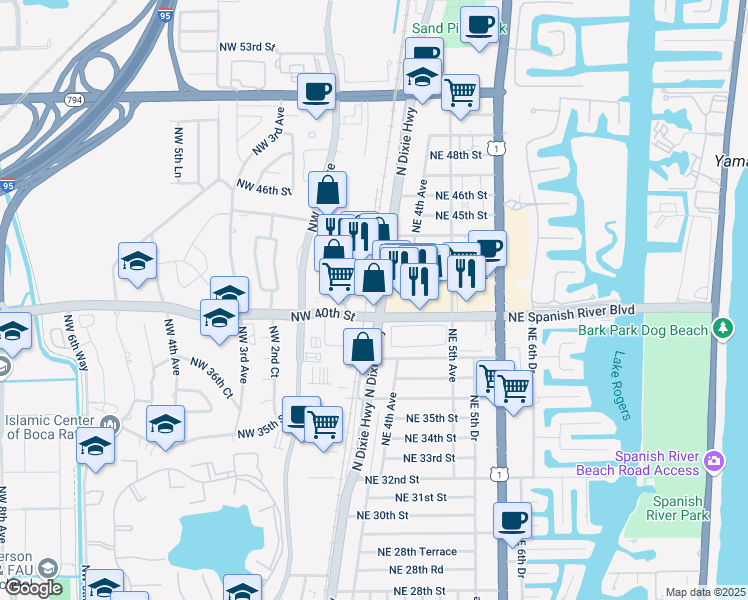 map of restaurants, bars, coffee shops, grocery stores, and more near 4099 North Dixie Highway in Boca Raton