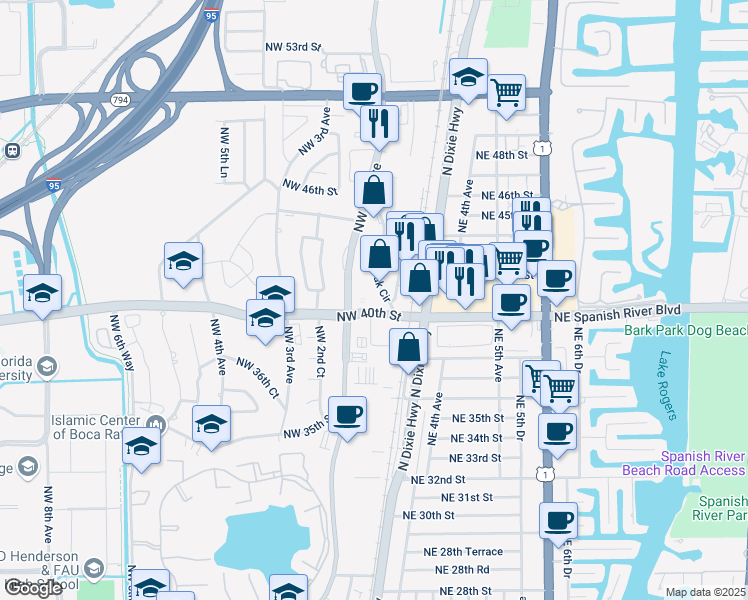 map of restaurants, bars, coffee shops, grocery stores, and more near 125 Spanish River Boulevard in Boca Raton
