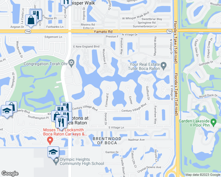 map of restaurants, bars, coffee shops, grocery stores, and more near 4076 Cornwall East in Boca Raton