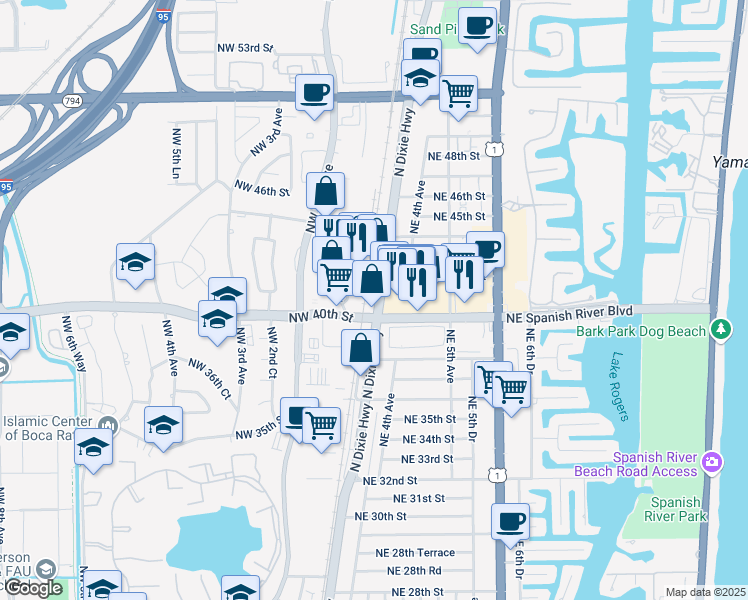 map of restaurants, bars, coffee shops, grocery stores, and more near 4099 North Dixie Highway in Boca Raton