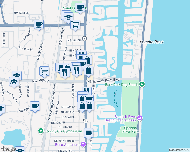 map of restaurants, bars, coffee shops, grocery stores, and more near 4001 Ibis Point Circle in Boca Raton