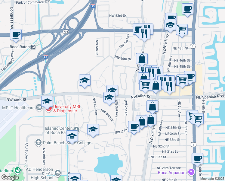 map of restaurants, bars, coffee shops, grocery stores, and more near 4001 Northwest 3rd Avenue in Boca Raton