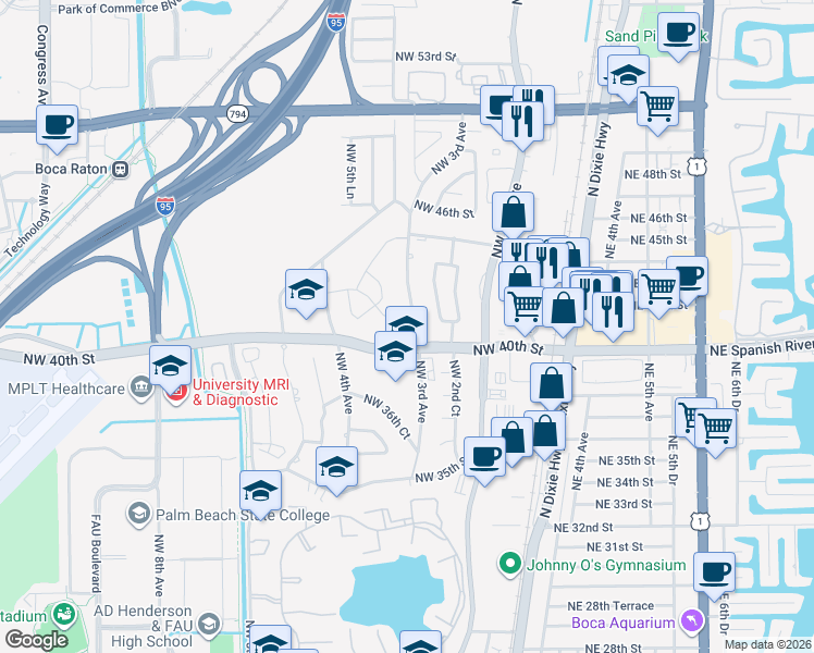 map of restaurants, bars, coffee shops, grocery stores, and more near 4001 Northwest 3rd Avenue in Boca Raton