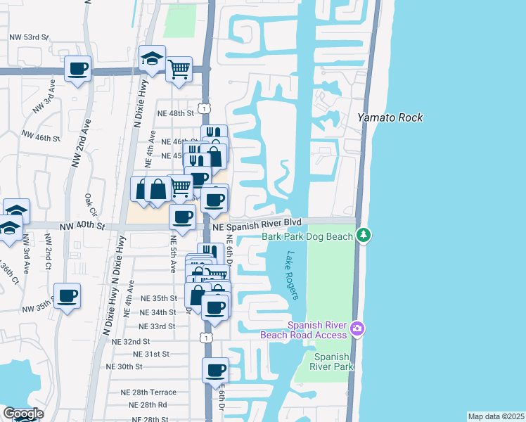 map of restaurants, bars, coffee shops, grocery stores, and more near 751 Northeast 40th Road in Boca Raton