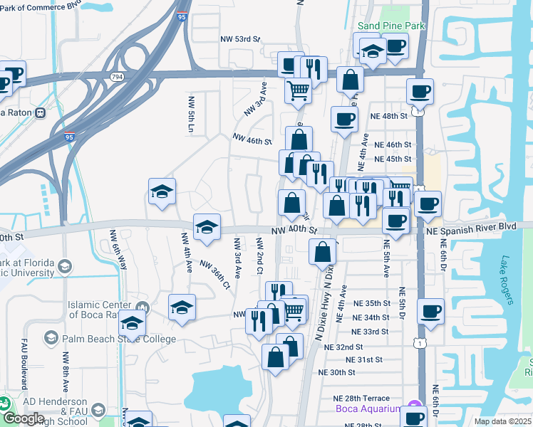 map of restaurants, bars, coffee shops, grocery stores, and more near 257 Spanish River Boulevard in Boca Raton