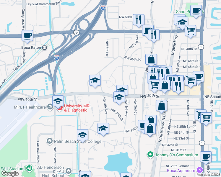 map of restaurants, bars, coffee shops, grocery stores, and more near 325 Spanish River Boulevard in Boca Raton