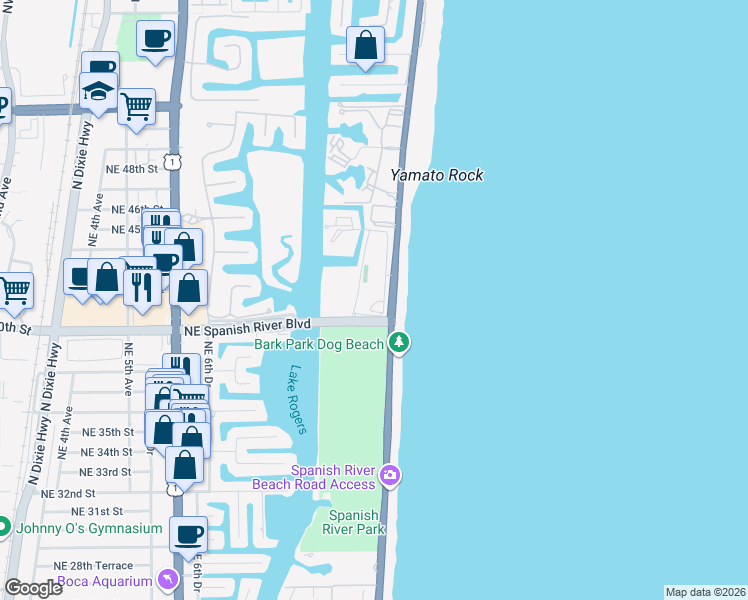 map of restaurants, bars, coffee shops, grocery stores, and more near 4001 North Ocean Boulevard in Boca Raton