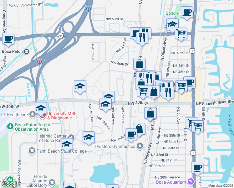 map of restaurants, bars, coffee shops, grocery stores, and more near 257 Spanish River Boulevard in Boca Raton