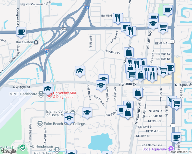map of restaurants, bars, coffee shops, grocery stores, and more near 325 Spanish River Boulevard in Boca Raton