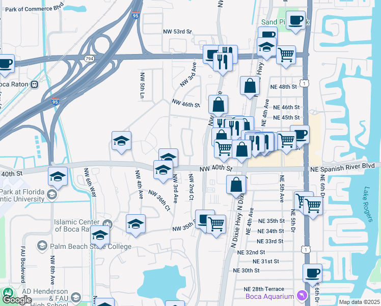 map of restaurants, bars, coffee shops, grocery stores, and more near 4209 Northwest 2nd Court in Boca Raton