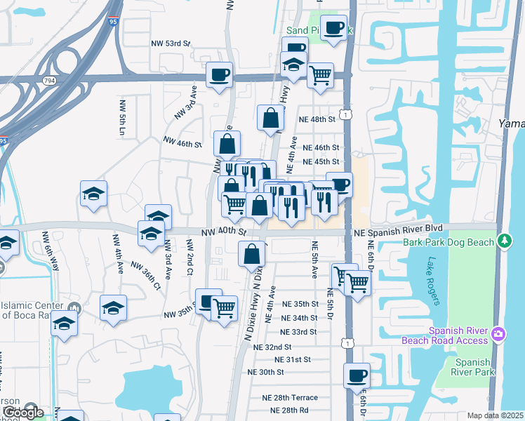 map of restaurants, bars, coffee shops, grocery stores, and more near 4201 North Dixie Highway in Boca Raton