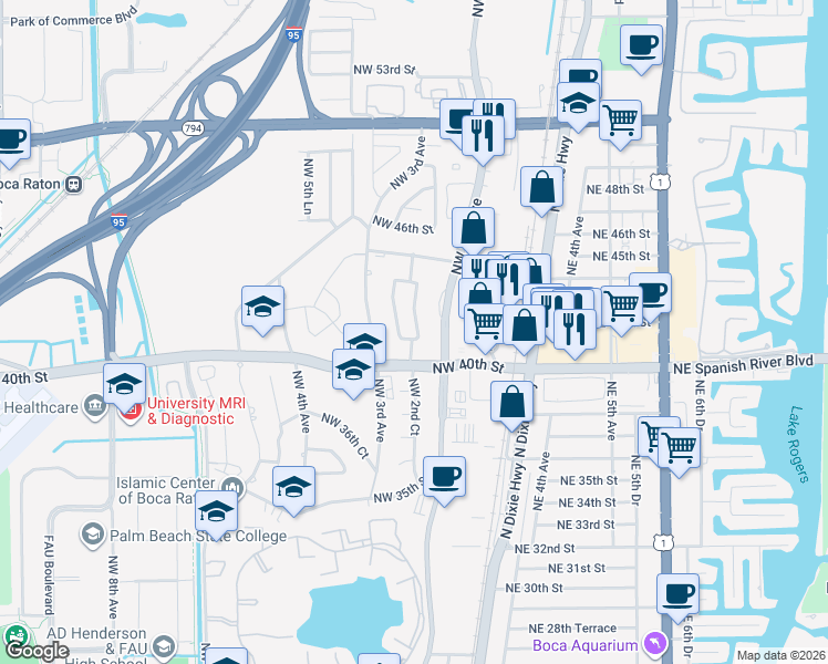 map of restaurants, bars, coffee shops, grocery stores, and more near 4209 Northwest 2nd Court in Boca Raton
