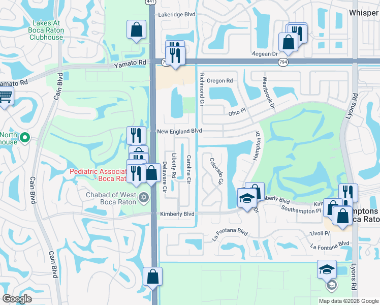 map of restaurants, bars, coffee shops, grocery stores, and more near 19364 Carolina Circle in Boca Raton